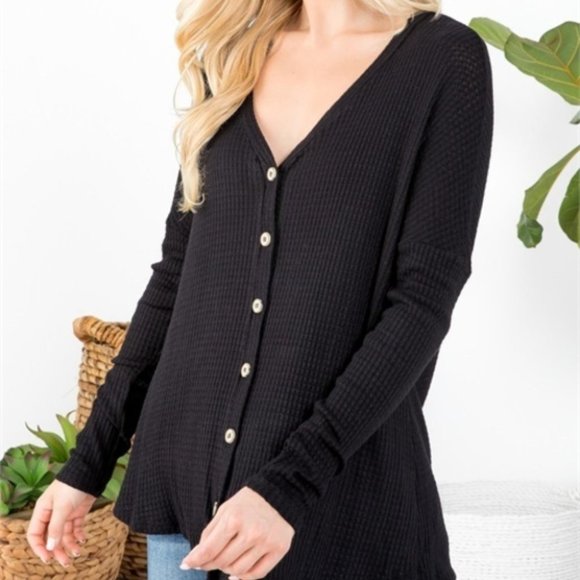 Tops - BLACK CASUAL BUTTON DETAIL LONG SLEEVE TOP